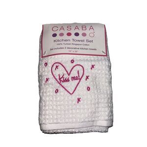 CASABA Kitchen Towel Set Of 2 Turkish Cotton White Pink Kiss Me! Embroidered